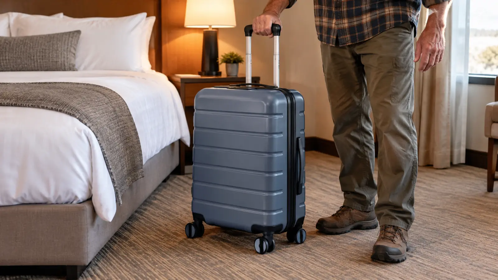 A hardside spinner carry-on standing upright on a carpeted hotel room floor next to a bed
