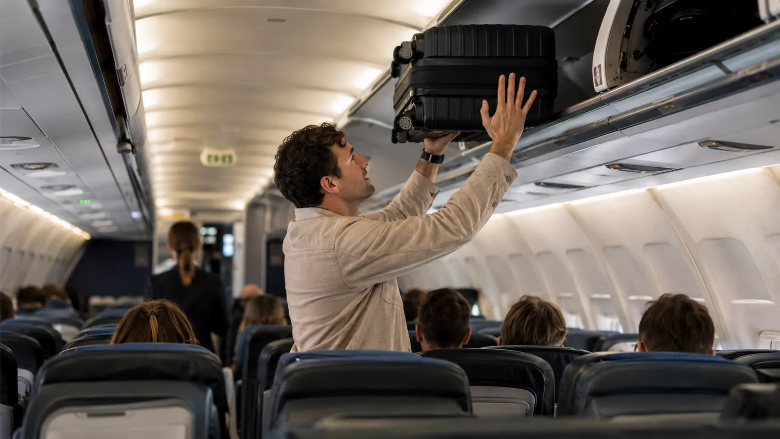 A traveler in a compact overhead bin reaching up to slide a hardside spinner carry-on into place