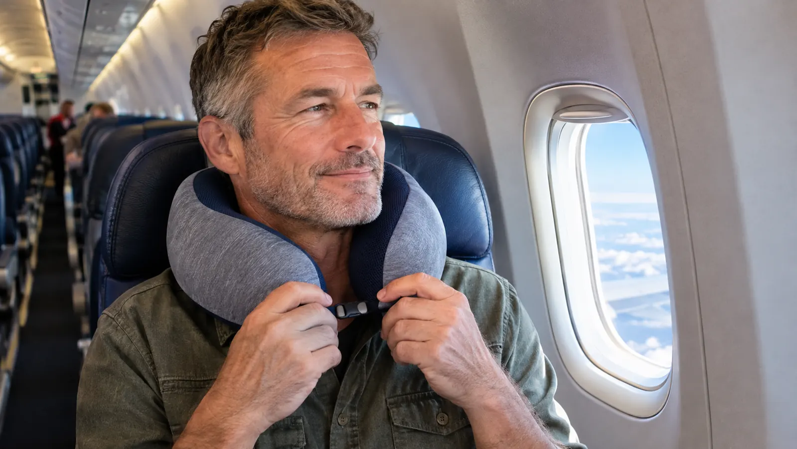 A traveler adjusting a memory foam neck pillow before settling into a window seat