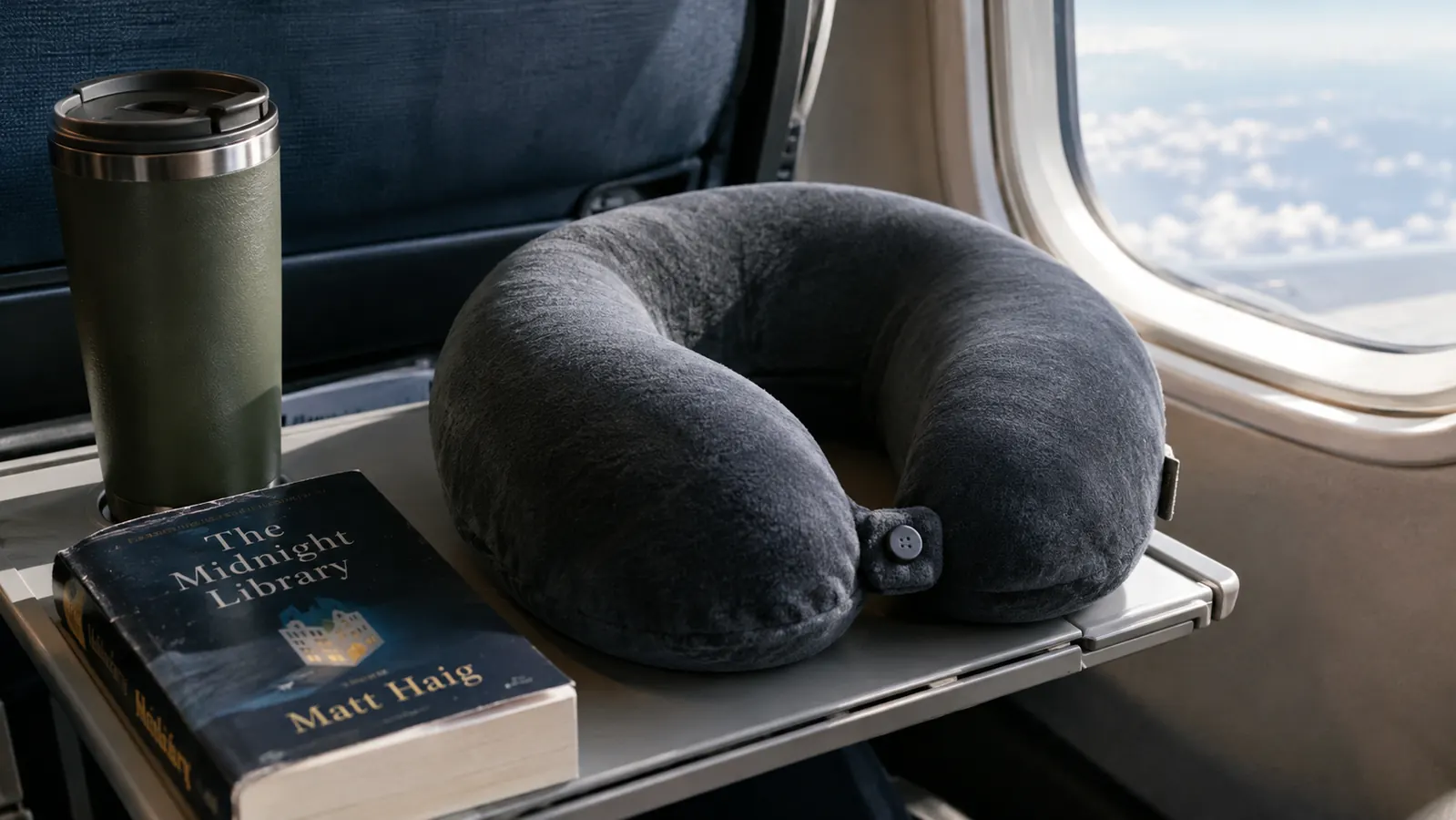 A memory foam neck pillow resting on a tray table beside a travel mug and a paperback book