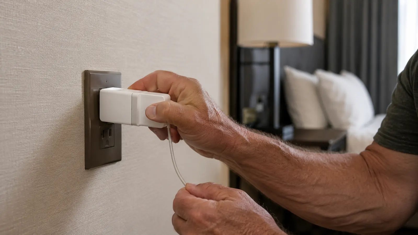 A hand plugging a universal travel adapter into a wall outlet in a hotel room