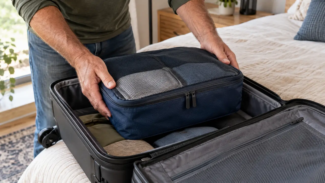 A traveler's hands placing a packing cube into an open carry-on suitcase