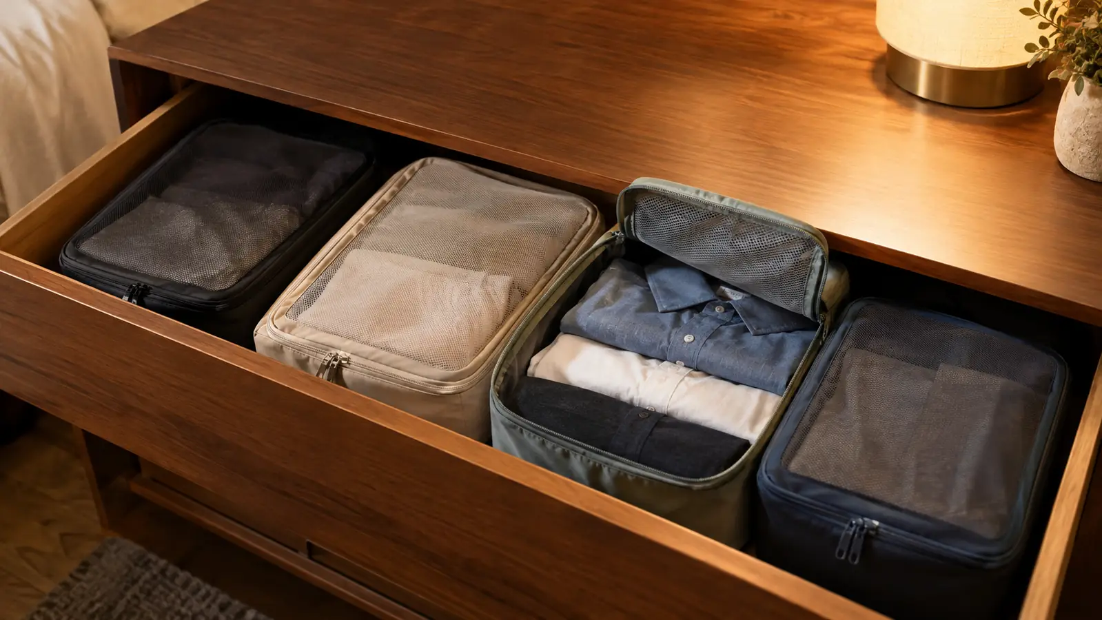 A tidy hotel dresser drawer with packing cubes side by side, one cube open showing folded shirts