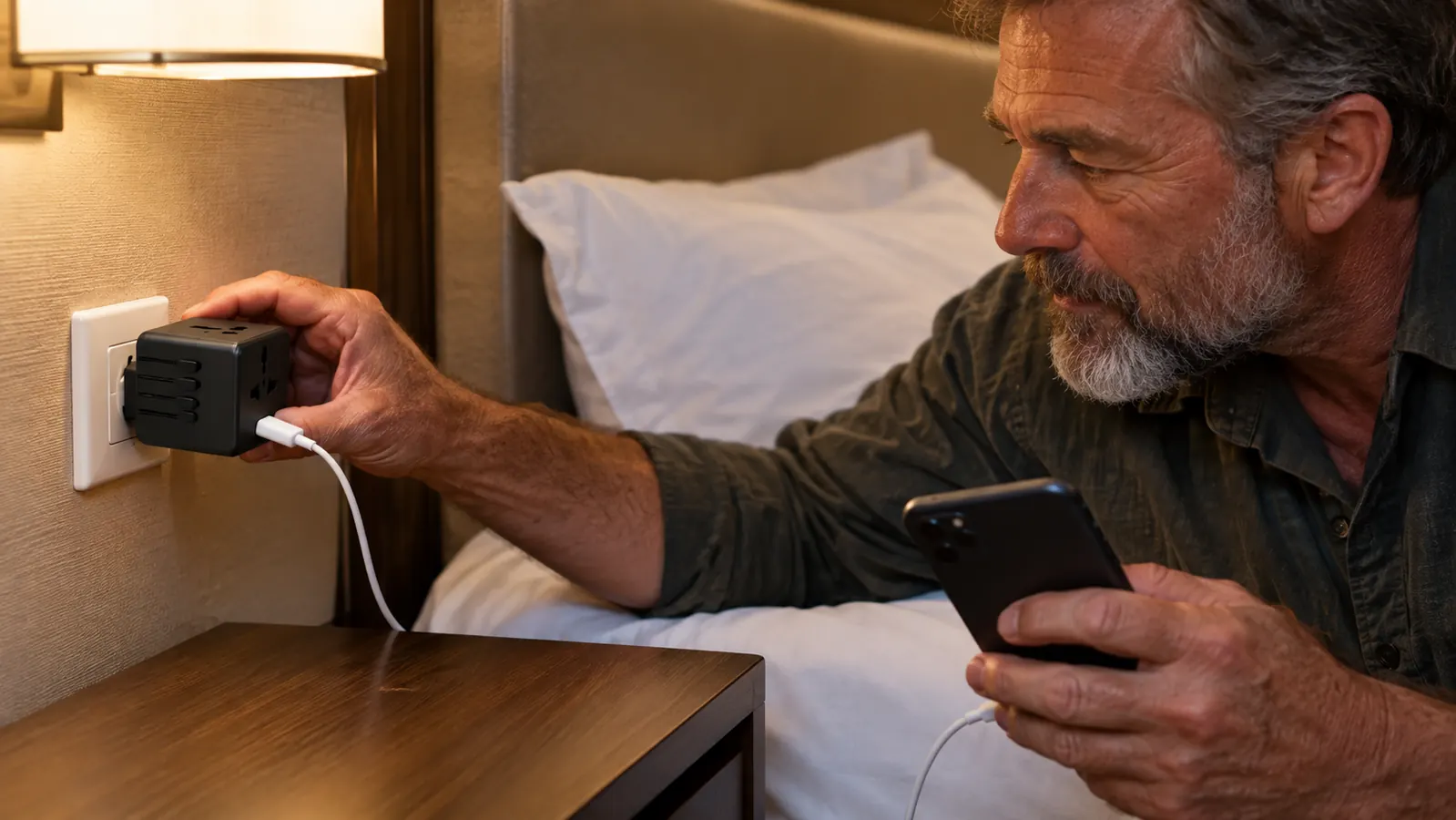 A hand plugging a universal travel adapter into a wall outlet beside a hotel bed
