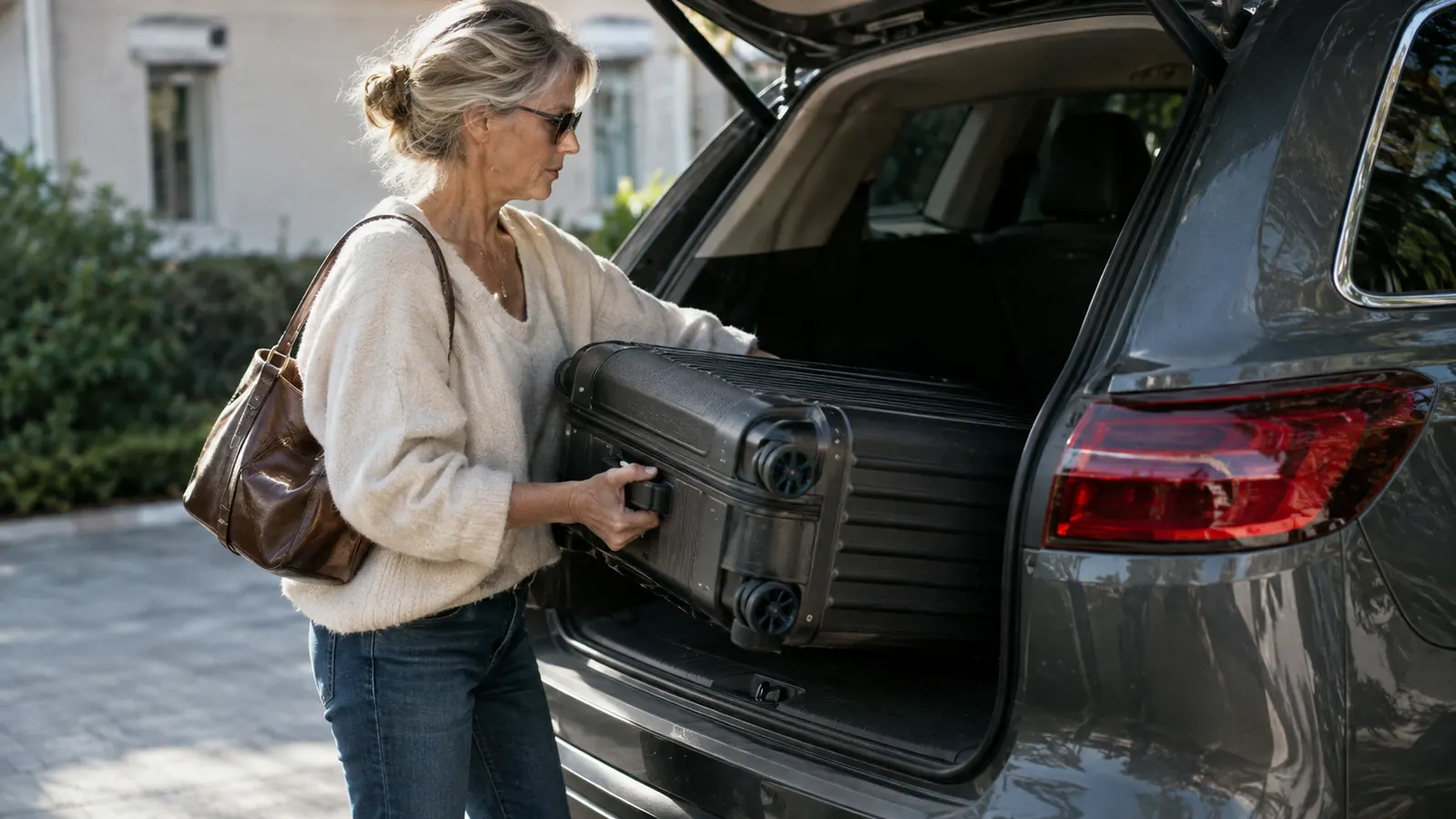 A traveler lifting a hardside spinner suitcase into the trunk of a midsize SUV