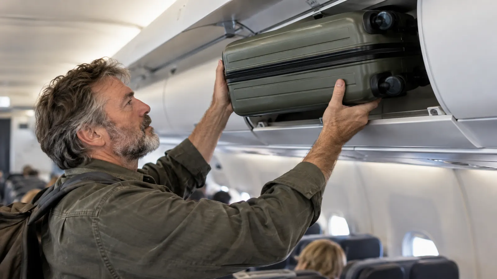 A traveler lifting a hardside carry-on spinner suitcase into an overhead bin