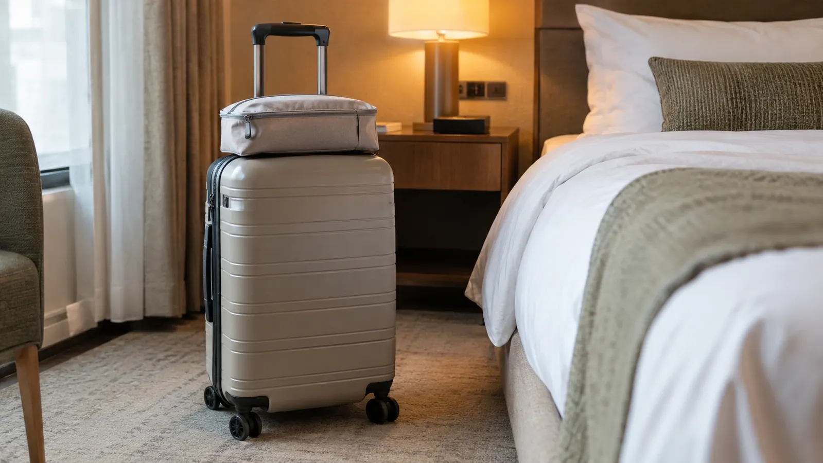 A hardside carry-on spinner suitcase standing upright next to a hotel bed with a packing cube on top