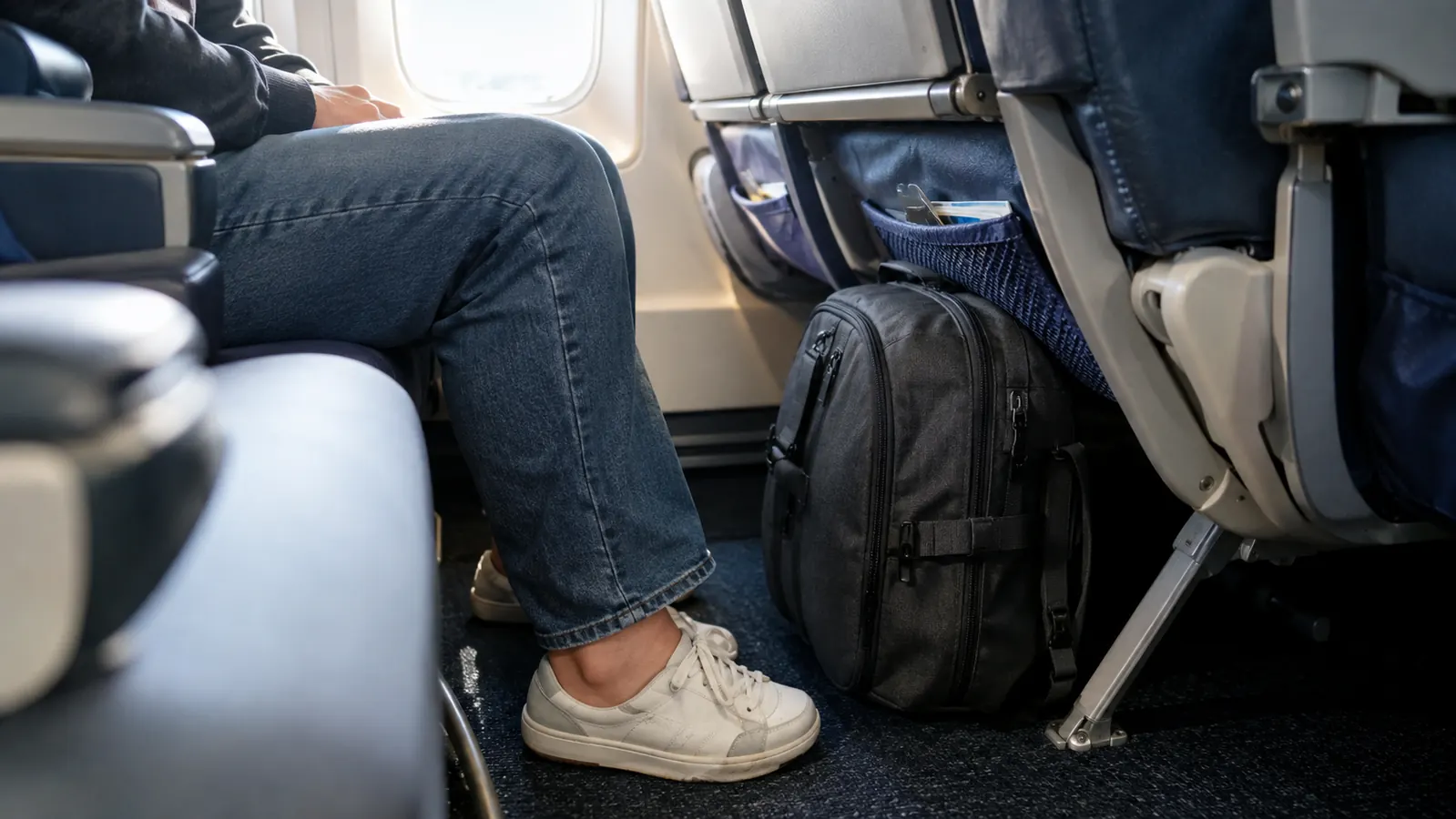 A traveler tucking a carry-on travel backpack under an airplane seat, feet resting on the floor in front of it