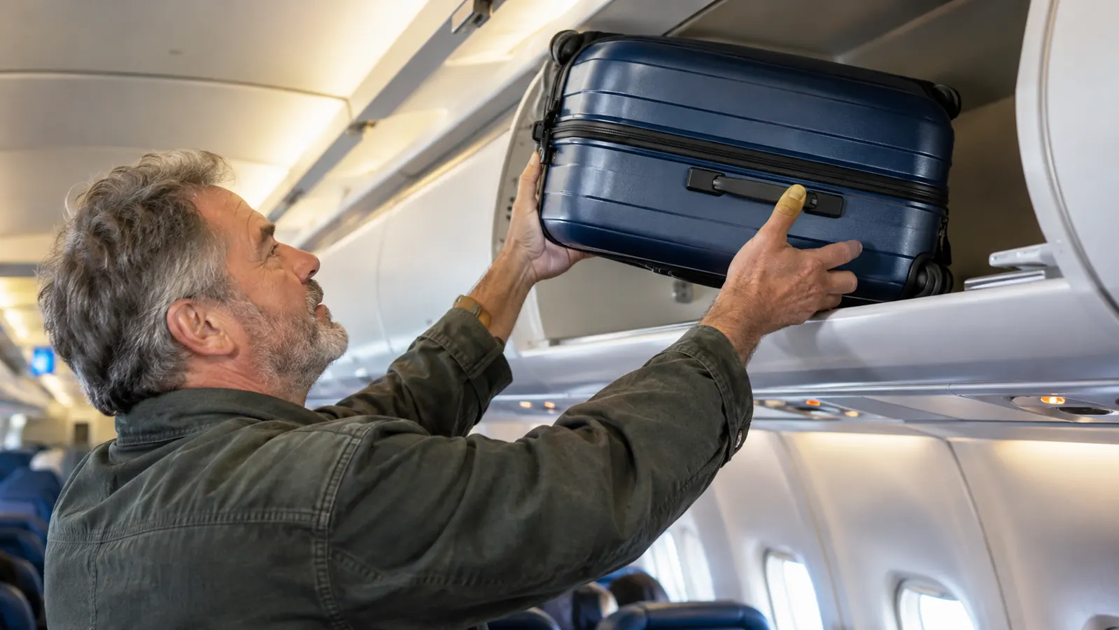 A traveler lifting a hardside carry-on suitcase into an overhead bin on a plane