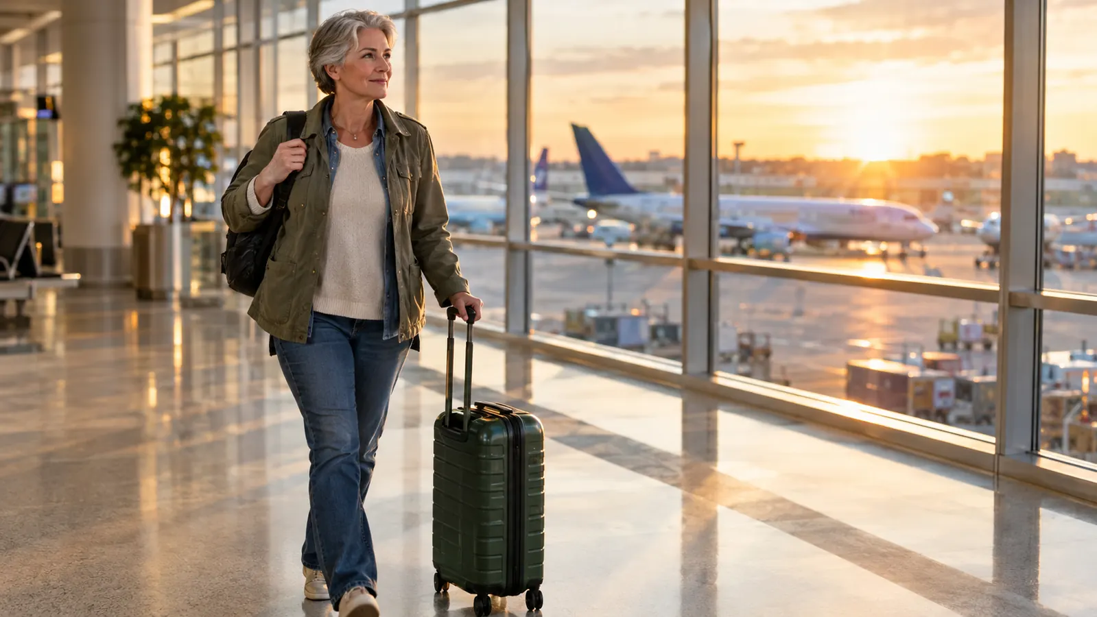 A woman in her fifties rolling a green hardside carry-on suitcase through a sunlit airport terminal