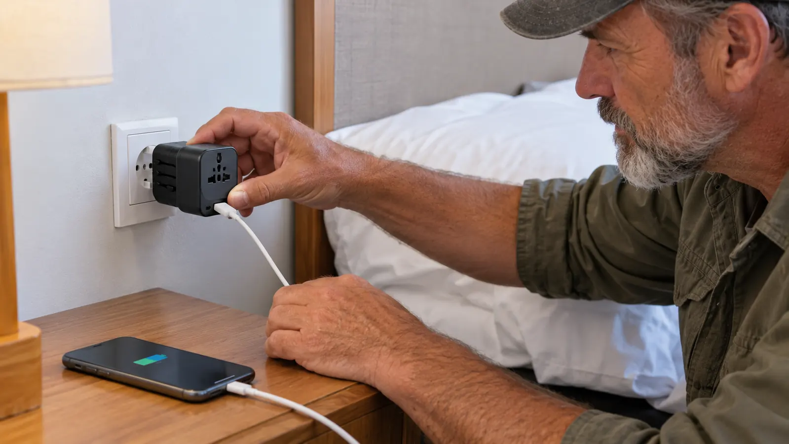 A hand plugging a universal travel adapter into a wall outlet beside a hotel bed