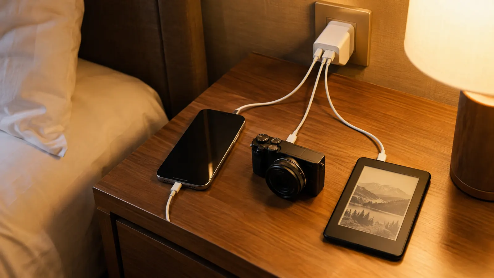 A traveler's phone, camera, and e-reader charging together on a nightstand from one adapter
