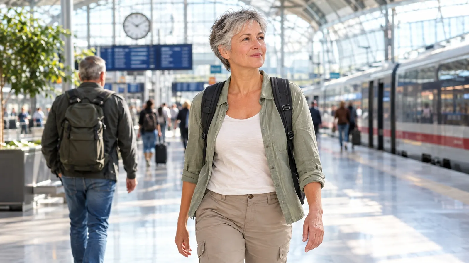 A woman in her fifties wearing a travel backpack on both shoulders while walking through a train station