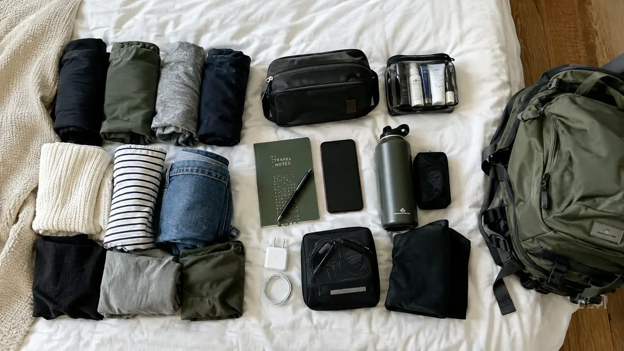 A flat lay of a weekend packing list on a bed: rolled shirts, a toiletry kit, a small pouch of chargers, and a travel backpack at the edge of the frame