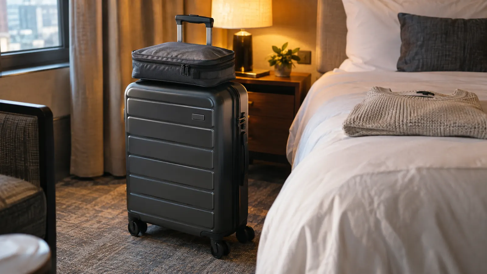 A carry-on suitcase standing upright next to a bed with a packing cube on top
