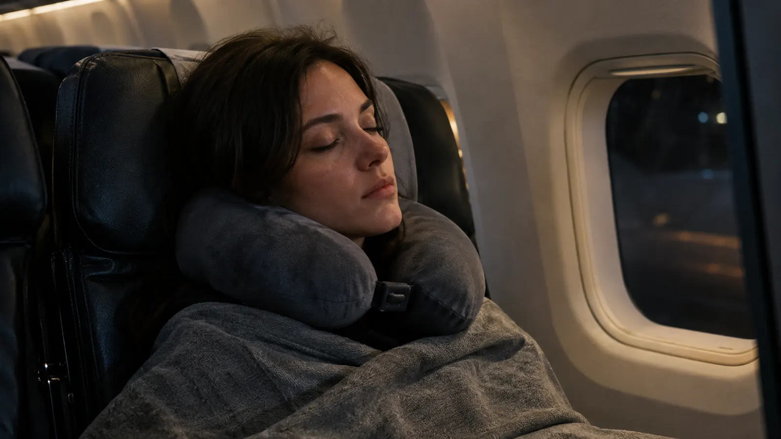 A traveler sleeping upright in an airplane seat with a memory foam neck pillow, blanket tucked around shoulders