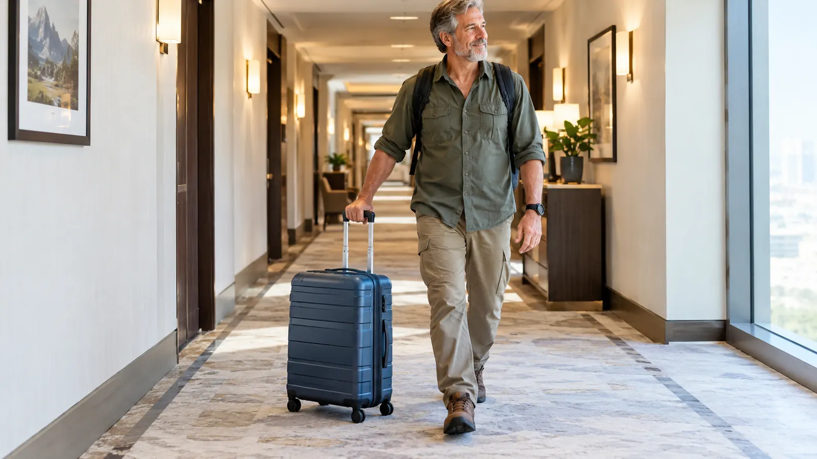 A traveler pulling a four-wheel spinner suitcase down a hotel hallway