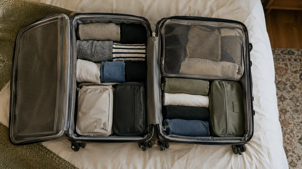 An open suitcase on a bed with neatly rolled clothing and packing cubes inside