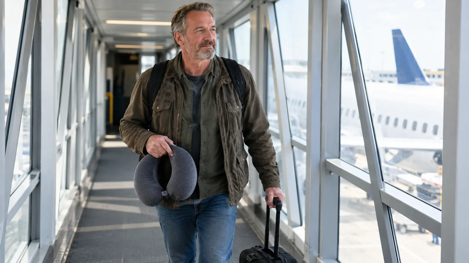 A traveler holding a memory foam neck pillow in one hand while boarding a plane with a small carry-on