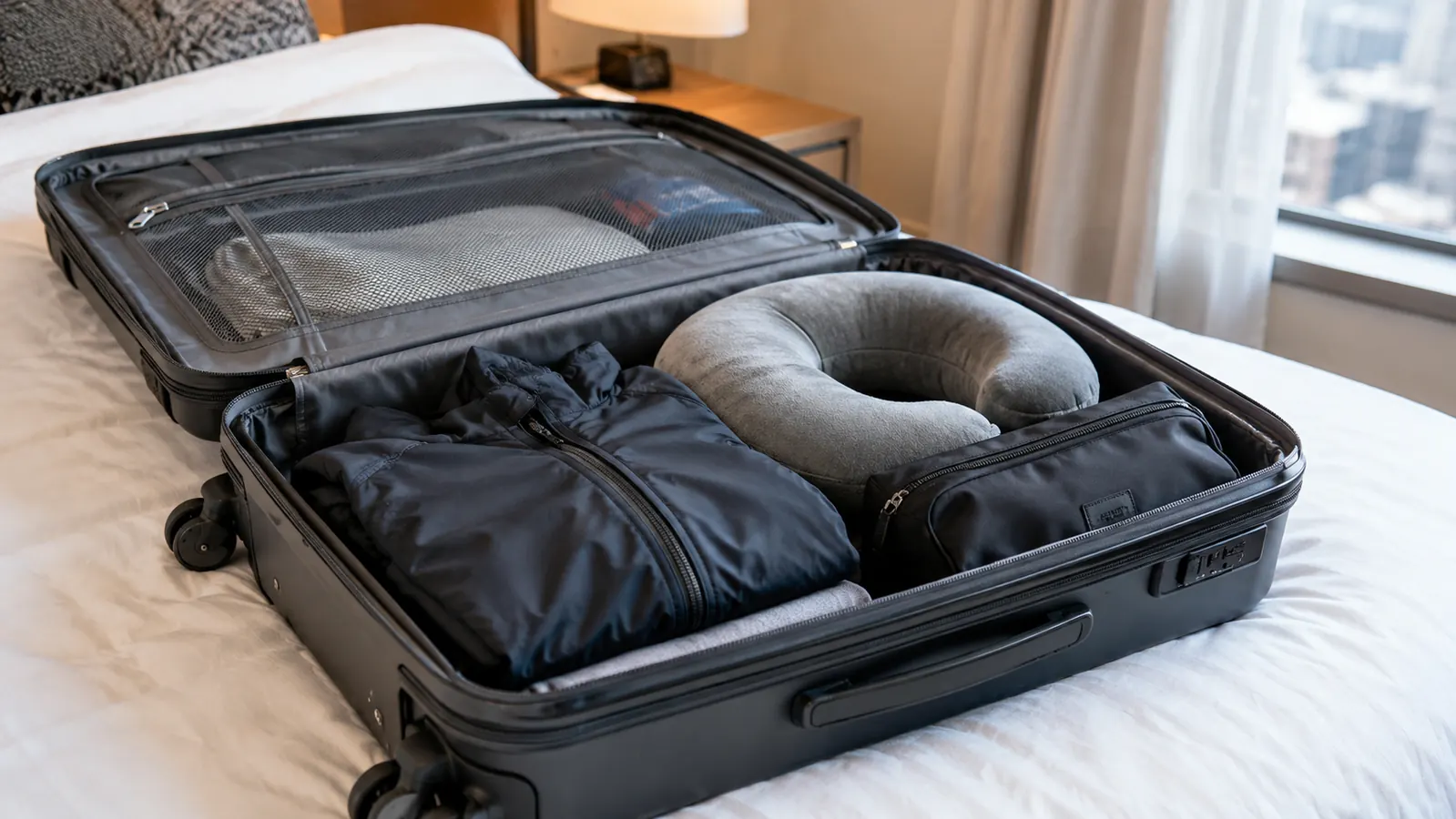 A simple scene of a packed carry-on suitcase with a memory foam neck pillow tucked beside a folded jacket