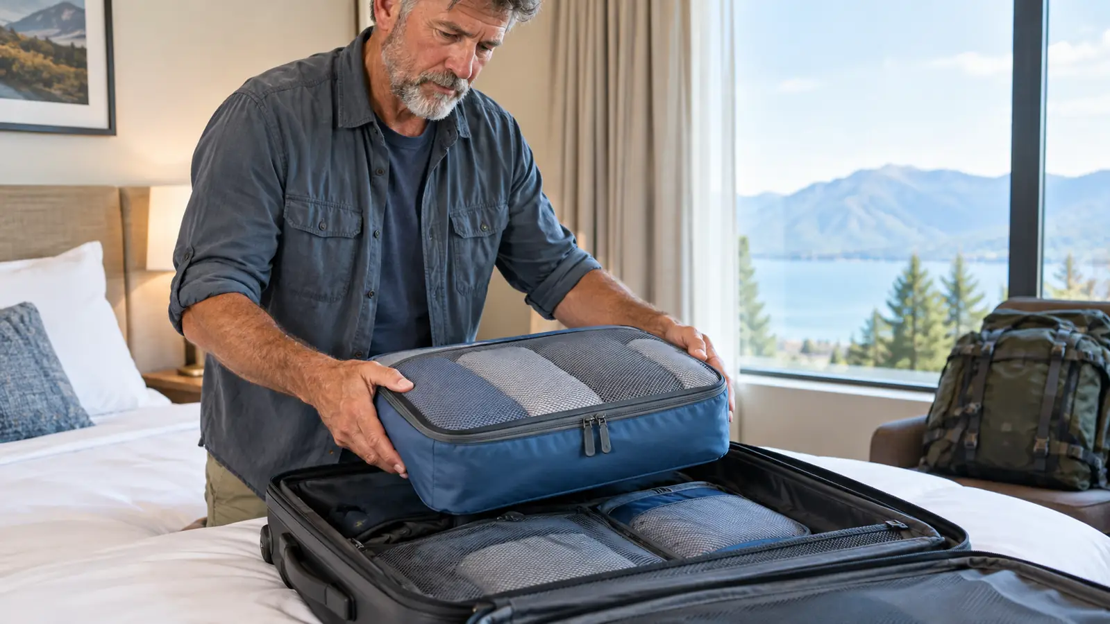 A traveler lifting a packing cube out of an open suitcase on a hotel bed