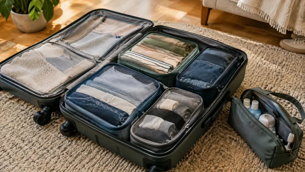 A neatly packed open suitcase with packing cubes organized by category on a rug