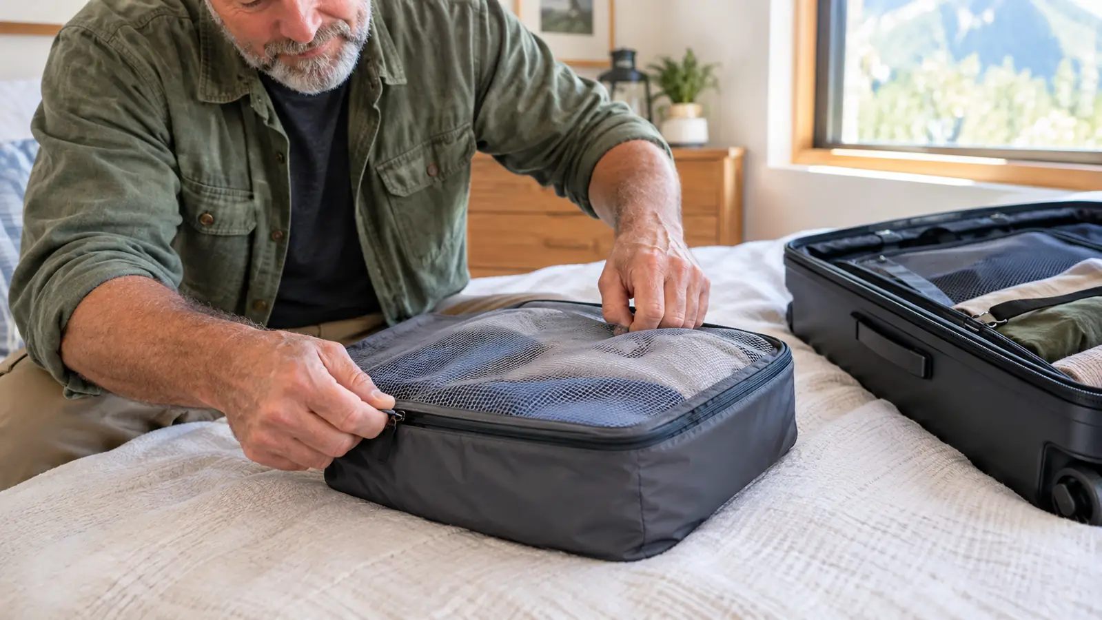 A traveler's hand zipping a packing cube closed on a bed
