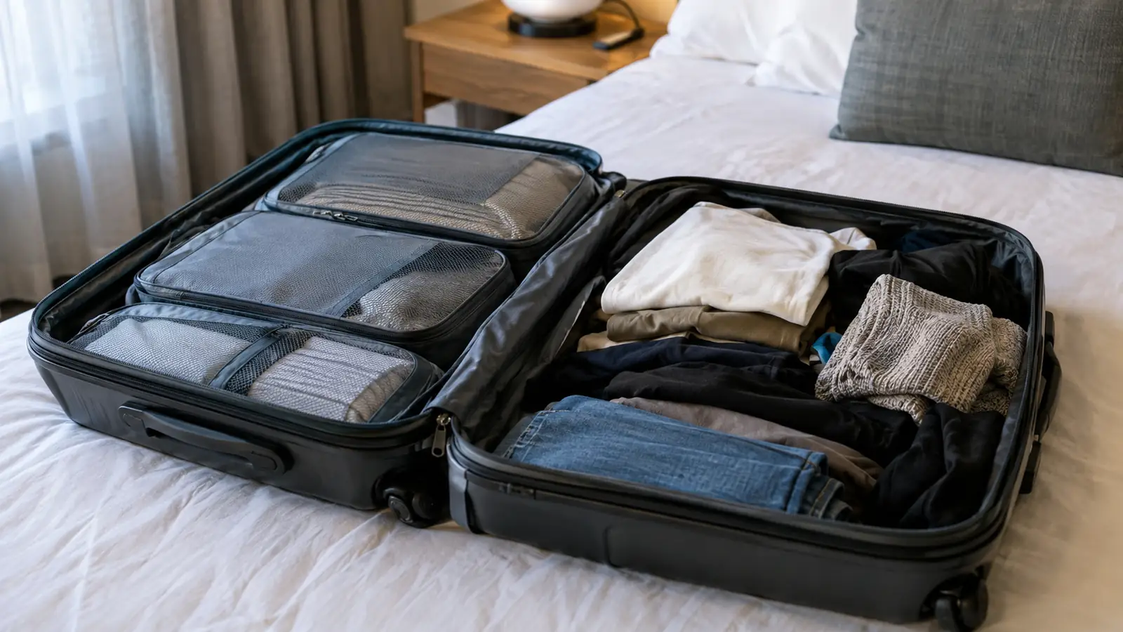 A suitcase with packing cubes on one side and loose clothes on the other