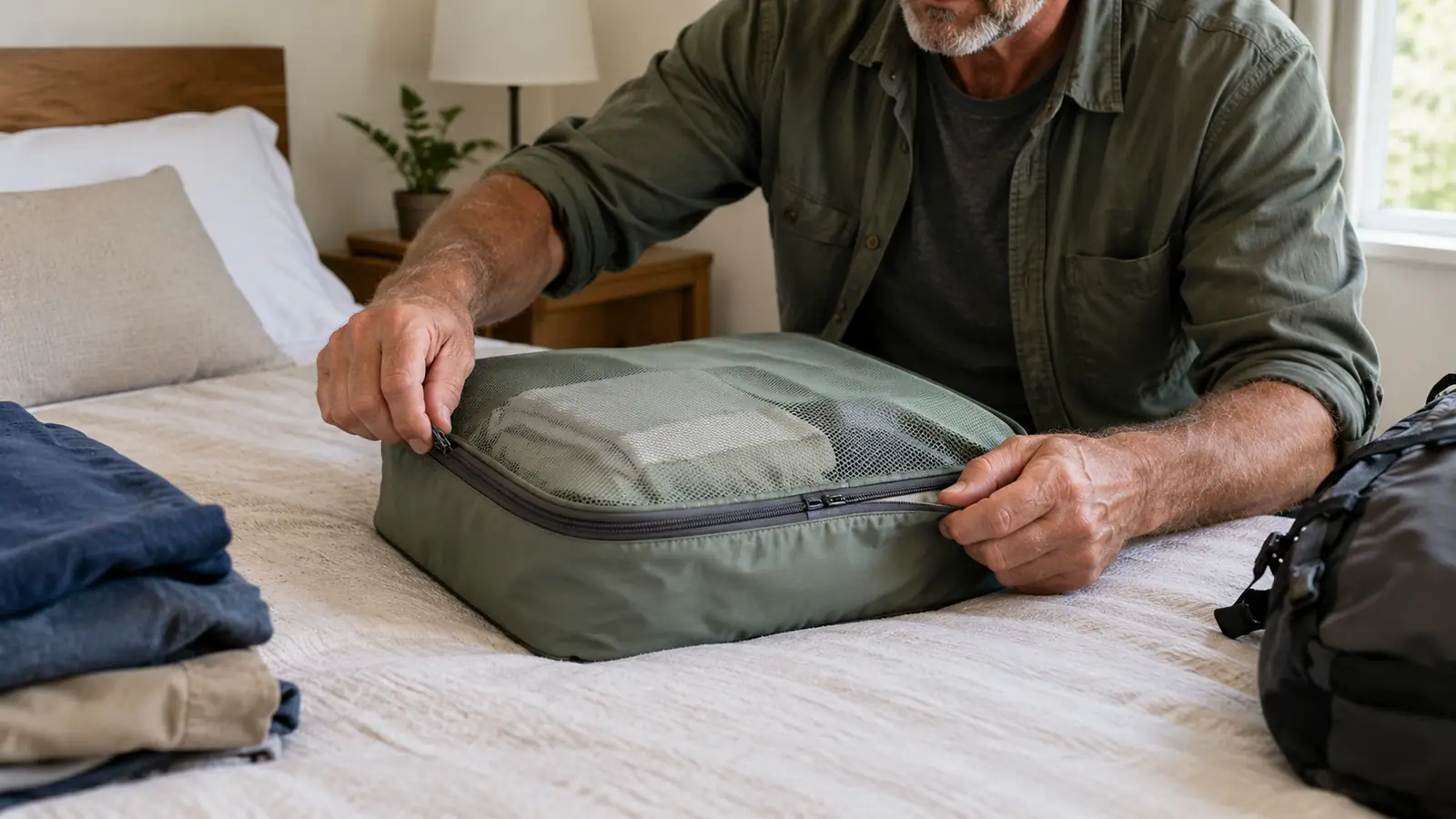 A traveler zipping a packing cube closed on a bed