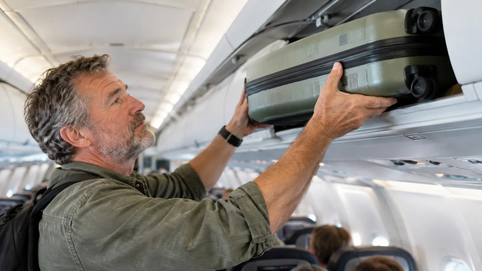 A traveler lifting a hardside carry-on suitcase into an overhead bin on a plane