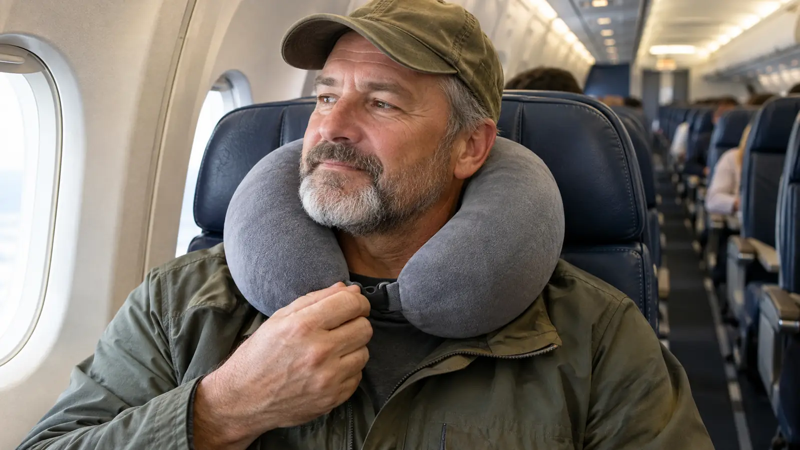 A traveler adjusting a memory foam neck pillow around their neck while seated in an airplane seat