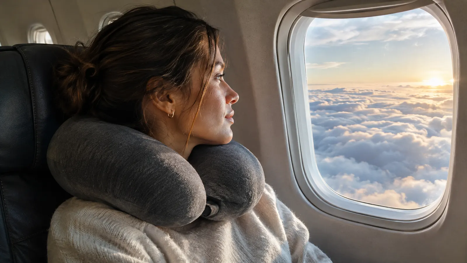 A traveler in a window seat with a memory foam neck pillow, looking out at clouds from above