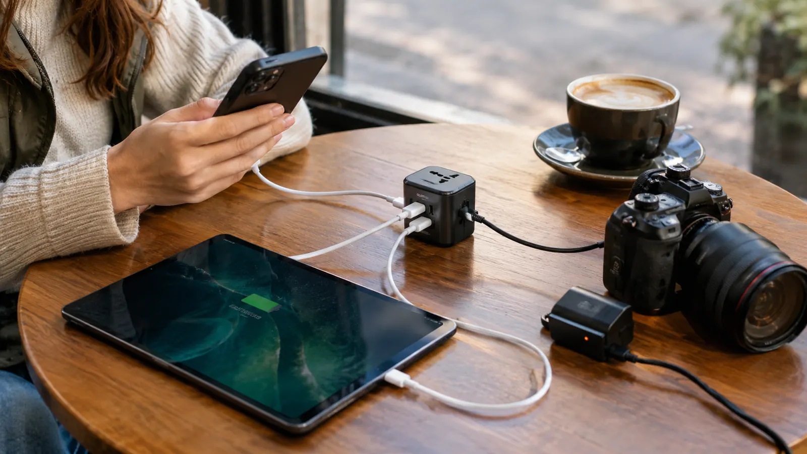 A traveler charging a phone, a tablet, and a camera battery from one compact adapter at a cafe table