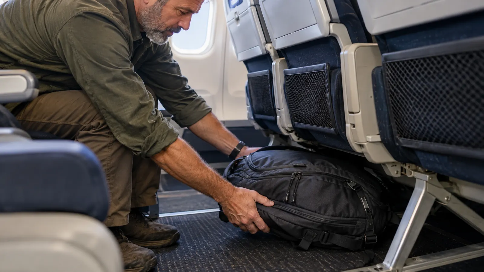 A traveler sliding a travel backpack under an airplane seat