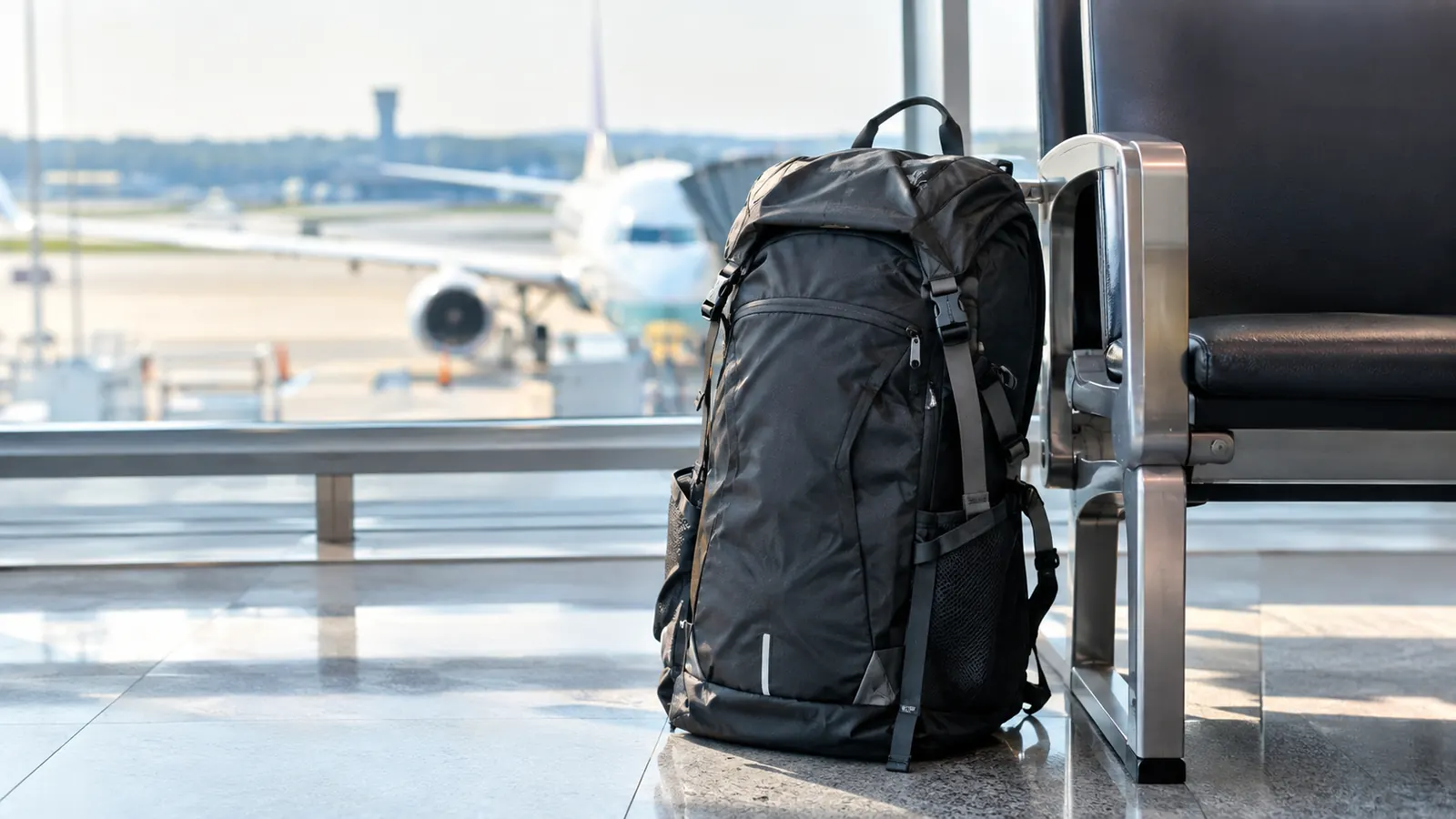 A travel backpack standing upright next to a boarding gate seat