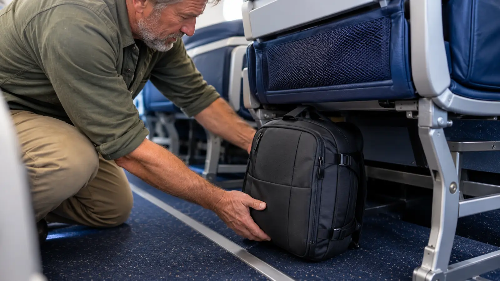 A traveler sliding a travel backpack under an airplane seat, the bag upright and compact