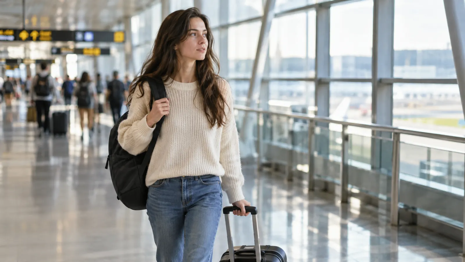A traveler walking through an airport concourse with a backpack on one shoulder and a rolling bag in the other hand