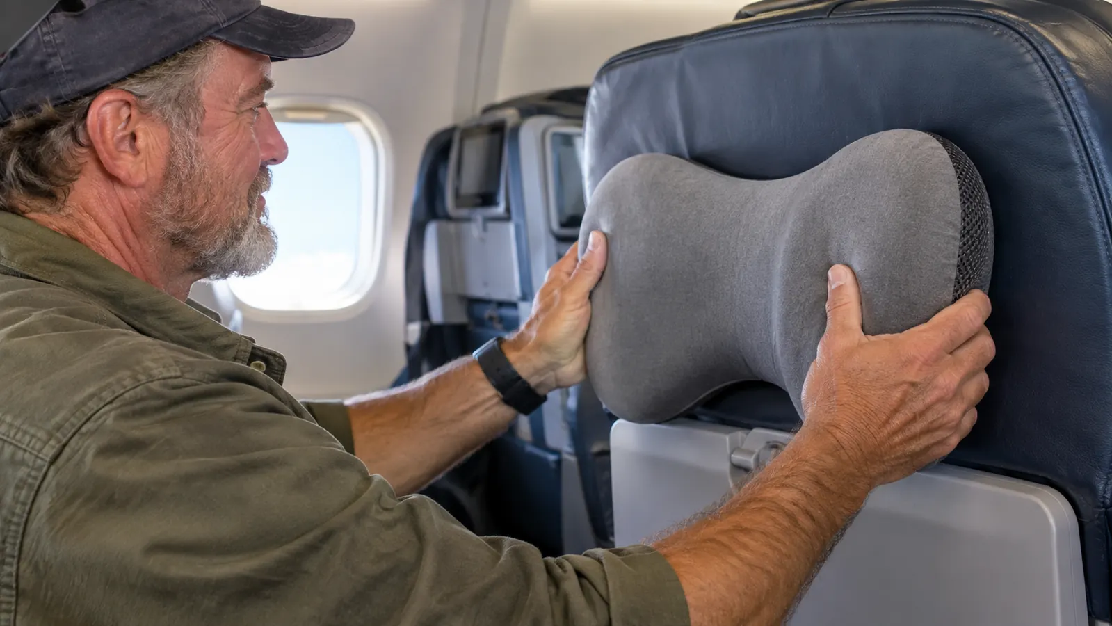 A hand pressing a memory foam travel pillow against a seat back to show its thickness
