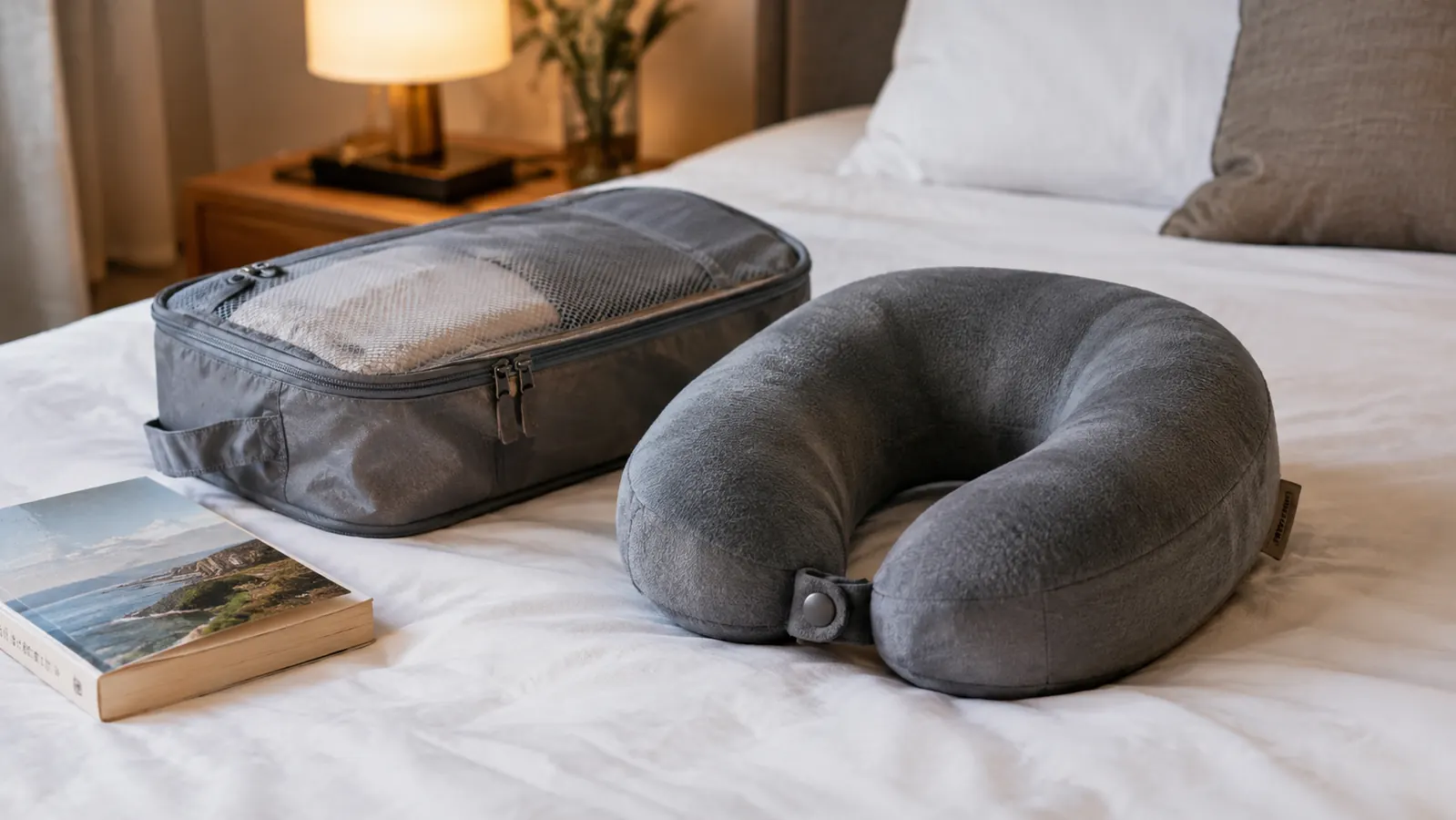 A memory foam travel pillow lying on a hotel bed next to a packing cube and a book