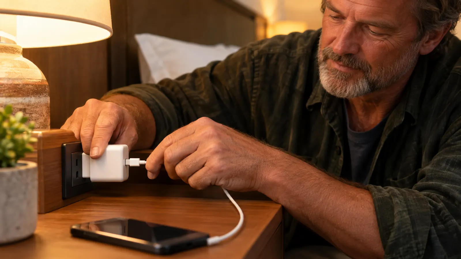 A traveler plugging a phone cable into a universal travel adapter on a hotel nightstand
