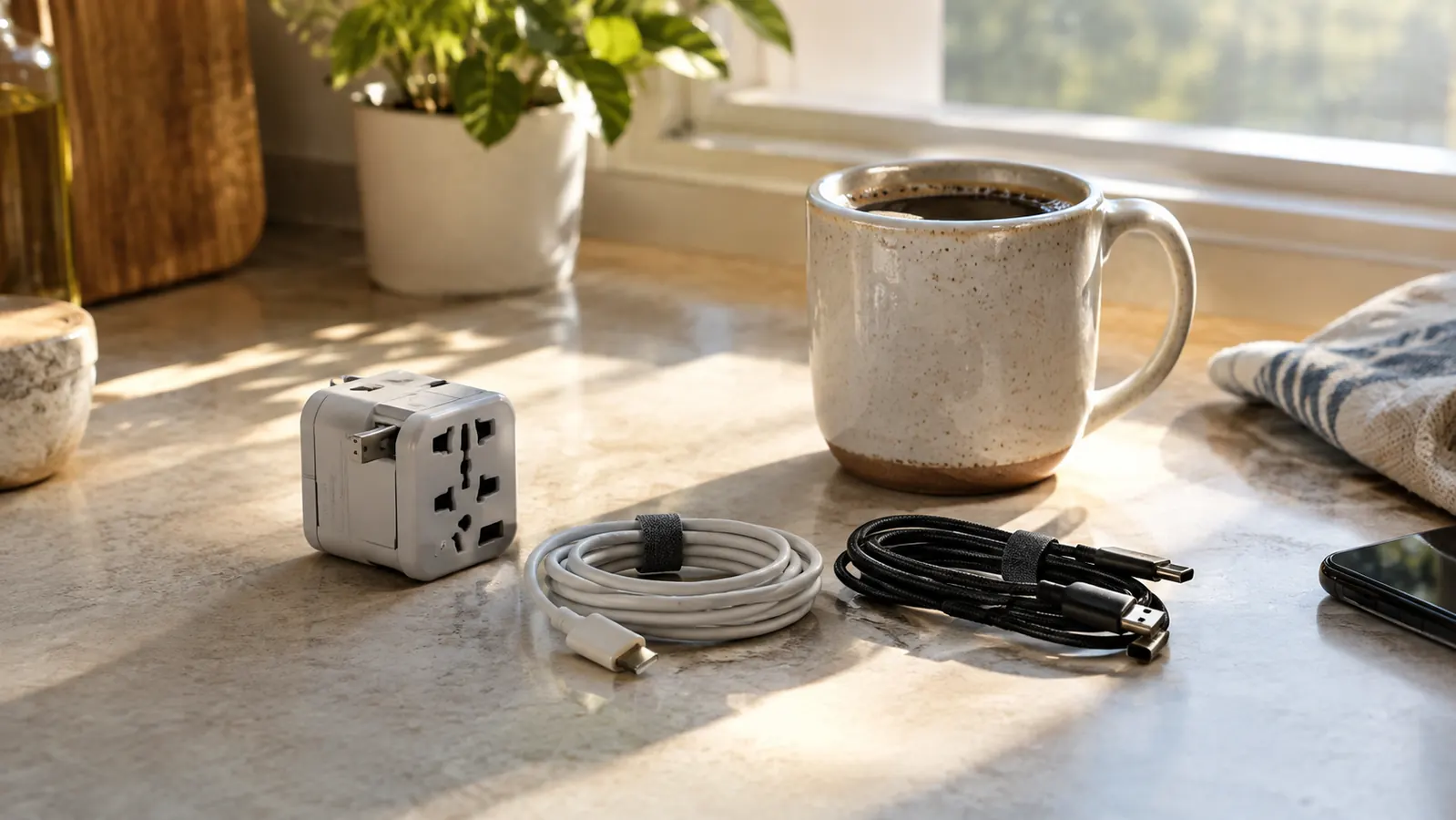 A small collection of travel adapters and charging cables arranged on a kitchen counter