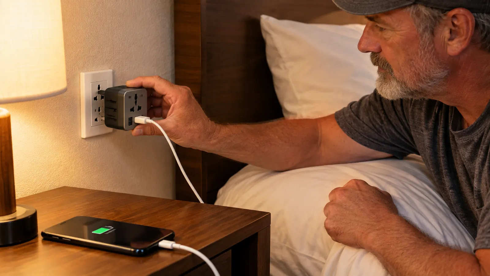A hand plugging a universal travel adapter into a wall outlet beside a hotel bed
