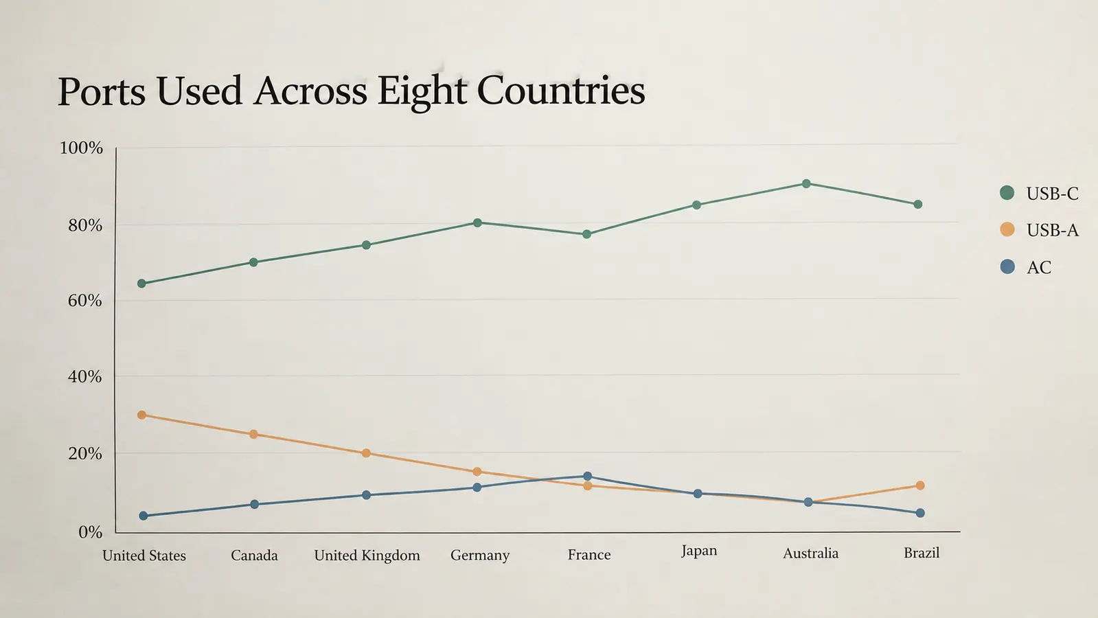 A simple line chart showing charging ports used across eight countries